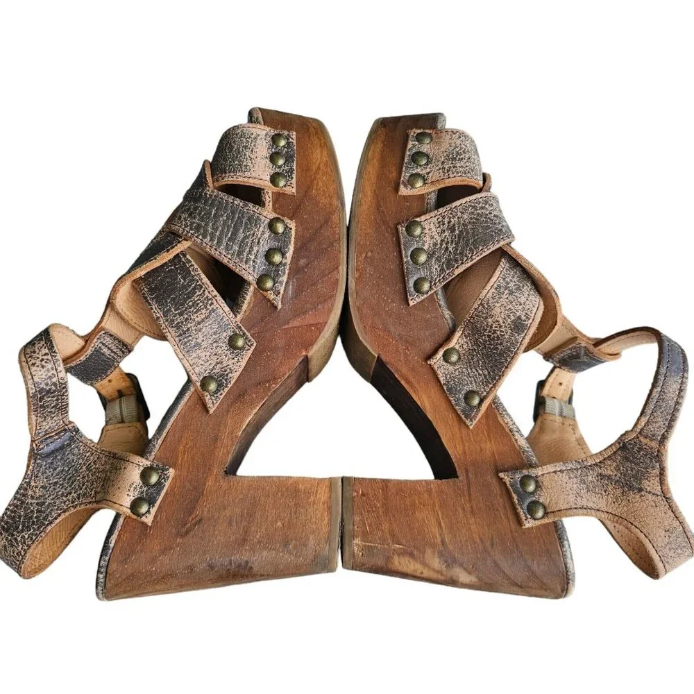Bed Stu Size 8.5 Caitlin Platform Wood‎ Heels Brown Distressed Leather S…